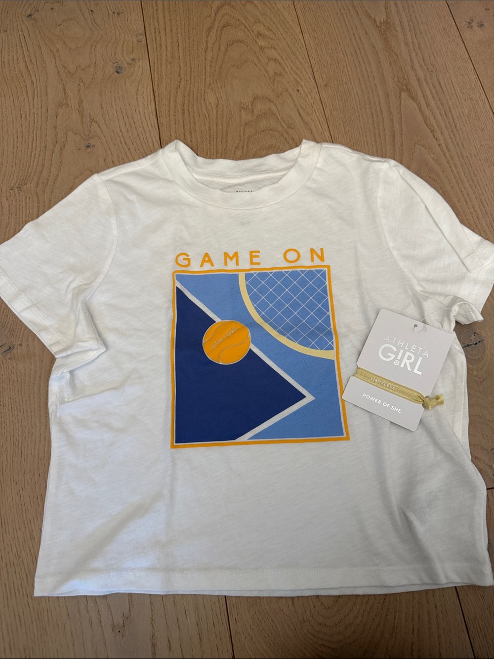 Athleta NEW White Tee with Blue & Yellow 'Game On' Graphic